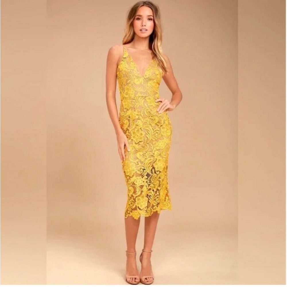 Dress The Population Marie Yellow Lace Midi Dress Cocktail Wedding Event Party